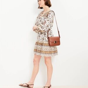 LOFT Cream and Brown Floral Long Sleeve Dress